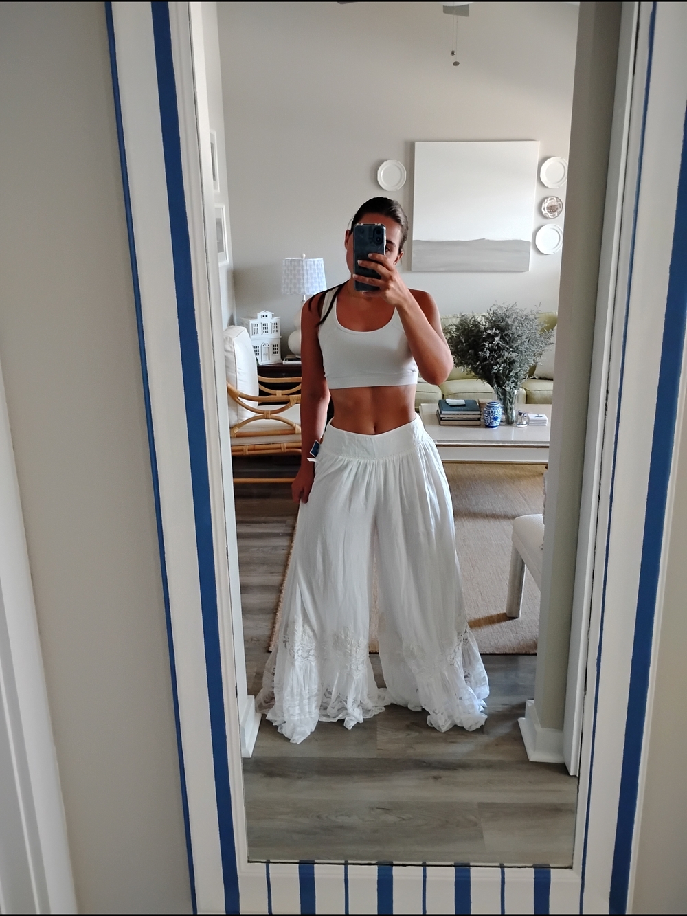 White Flowing Wide-Leg Crochet Trim Pants - FIELD OF ROSES bottoms